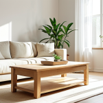 **Minimalist Living Room Interior:** A bright, airy living room with white walls, a natural wood coffee table with storage, a linen sofa, and a single green plant. Sunlight streams through sheer curtains.