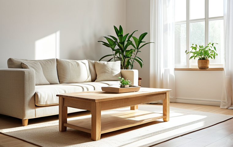 **Minimalist Living Room Interior:** A bright, airy living room with white walls, a natural wood coffee table with storage, a linen sofa, and a single green plant. Sunlight streams through sheer curtains.