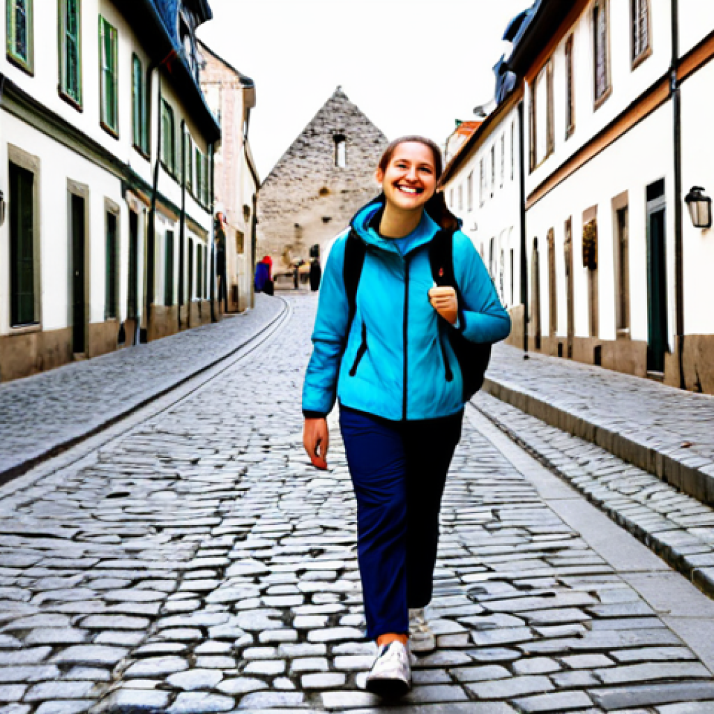 A young adult woman, fully clothed in modest, comfortable travel attire including a light jacket, practical trousers, and walking shoes, walks cheerfully down a charming cobblestone street in a historic European city. She carries a small, lightweight backpack effortlessly over one shoulder, looking relaxed and unburdened. The background features ancient stone buildings, a quaint cafe, and soft, natural daylight. Her expression is joyful and confident, embodying freedom and ease. perfect anatomy, correct proportions, natural pose, well-formed hands, proper finger count, natural body proportions, safe for work, appropriate content, fully clothed, family-friendly, professional photography, high quality.