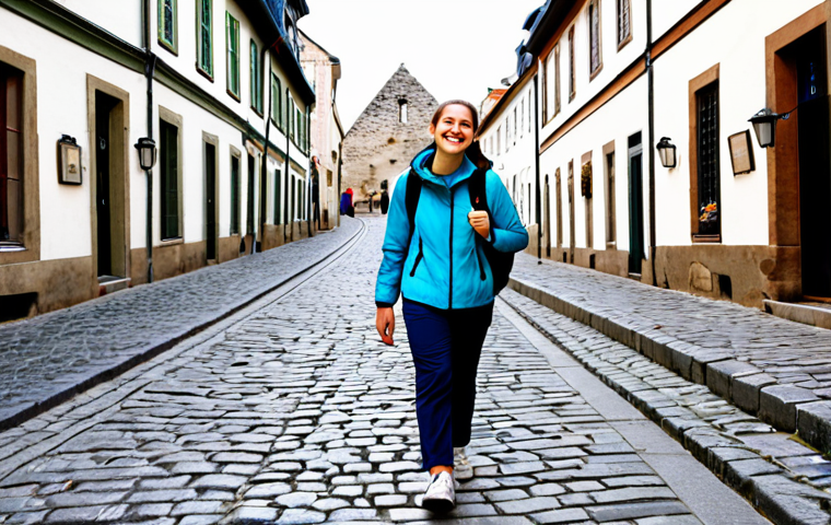 A young adult woman, fully clothed in modest, comfortable travel attire including a light jacket, practical trousers, and walking shoes, walks cheerfully down a charming cobblestone street in a historic European city. She carries a small, lightweight backpack effortlessly over one shoulder, looking relaxed and unburdened. The background features ancient stone buildings, a quaint cafe, and soft, natural daylight. Her expression is joyful and confident, embodying freedom and ease. perfect anatomy, correct proportions, natural pose, well-formed hands, proper finger count, natural body proportions, safe for work, appropriate content, fully clothed, family-friendly, professional photography, high quality.