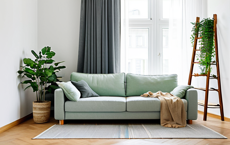 **
"A bright, minimalist living room interior, featuring a multifunctional sofa with built-in storage, white walls, and natural light streaming through sheer curtains. A repurposed wooden ladder serves as a towel rack in the background. The scene includes a small indoor garden with various green plants. Fully clothed, safe for work, appropriate content, professional interior design photography, perfect anatomy, correct proportions, natural pose, well-formed hands, proper finger count, natural body proportions, modest, family-friendly."
**