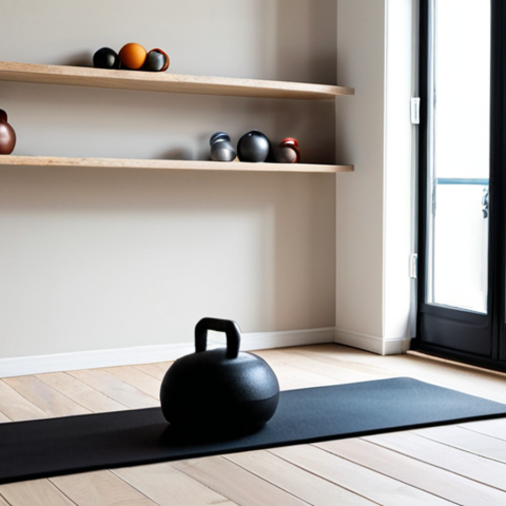 **
A bright and airy Parisian apartment living room. A woman, fully clothed in stylish athleisure wear, is doing yoga on a high-quality merino wool yoga mat in a neutral color. Foldable wooden kettlebells are visible on a shelf, resembling modern sculptures. A sleek, minimalist folding weight bench is tucked neatly against the wall. Large windows provide natural light. Safe for work, appropriate content, professional, modest, perfect anatomy, natural proportions, well-formed hands.
**