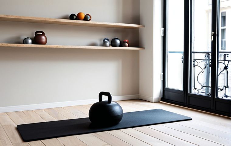 **
A bright and airy Parisian apartment living room. A woman, fully clothed in stylish athleisure wear, is doing yoga on a high-quality merino wool yoga mat in a neutral color. Foldable wooden kettlebells are visible on a shelf, resembling modern sculptures. A sleek, minimalist folding weight bench is tucked neatly against the wall. Large windows provide natural light. Safe for work, appropriate content, professional, modest, perfect anatomy, natural proportions, well-formed hands.
**