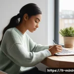 미니멀라이프 창의성 증진 - **A focused young woman in her minimalist home office.** The room is bathed in soft, natural morning...