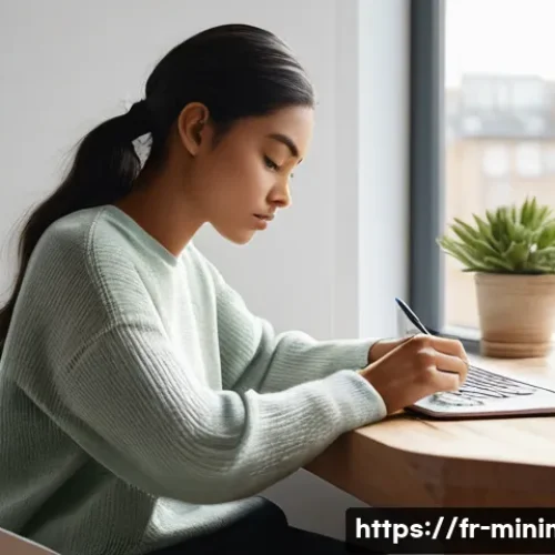 Home 7 미니멀라이프 창의성 증진 - **A focused young woman in her minimalist home office.** The room is bathed in soft, natural morning...
