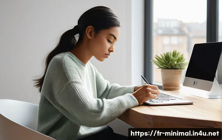 미니멀라이프 창의성 증진 - **A focused young woman in her minimalist home office.** The room is bathed in soft, natural morning...