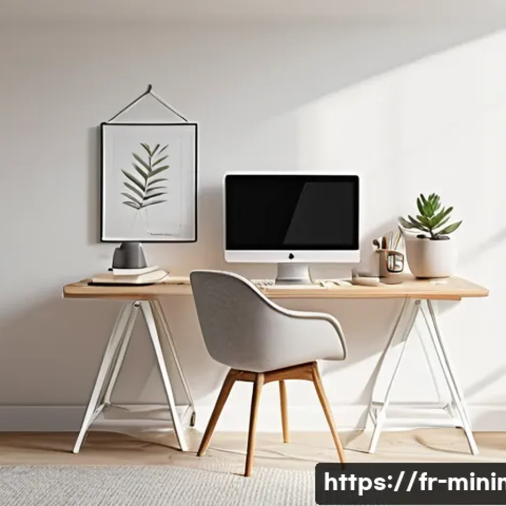 미니멀라이프 홈 오피스 - A minimalist home office interior designed for maximum concentration, featuring a sleek wooden desk ...