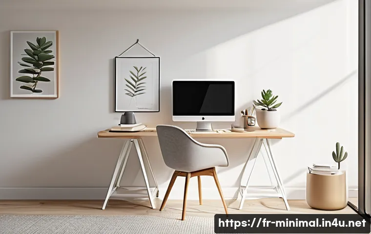 미니멀라이프 홈 오피스 - A minimalist home office interior designed for maximum concentration, featuring a sleek wooden desk ...