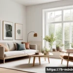 Home 21 미니멀라이프 연애와 결혼 - A cozy, minimalist living room bathed in natural light, featuring a modern Scandinavian design with ...