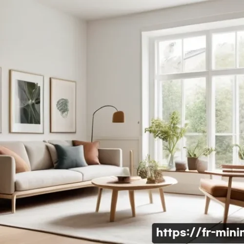Home 33 미니멀라이프 연애와 결혼 - A cozy, minimalist living room bathed in natural light, featuring a modern Scandinavian design with ...
