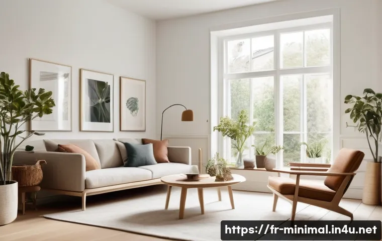 미니멀라이프 연애와 결혼 - A cozy, minimalist living room bathed in natural light, featuring a modern Scandinavian design with ...