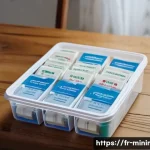 Home 20 미니멀라이프 상비약 관리 - A neatly organized first aid kit set on a wooden table, featuring clear labeled compartments for ban...