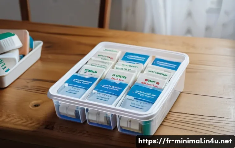 미니멀라이프 상비약 관리 - A neatly organized first aid kit set on a wooden table, featuring clear labeled compartments for ban...