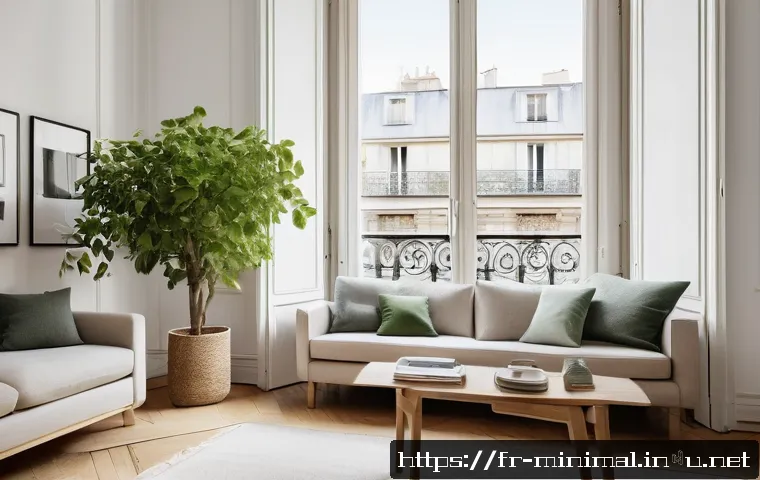 미니멀라이프 삶의 질 향상 - A bright and airy minimalist living room in a Parisian apartment, featuring clean lines and neutral ...