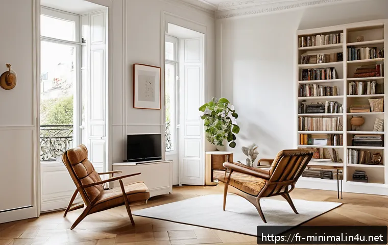 미니멀라이프 간소화 - A serene, minimalist French apartment interior featuring a bright, uncluttered living room with a fe...